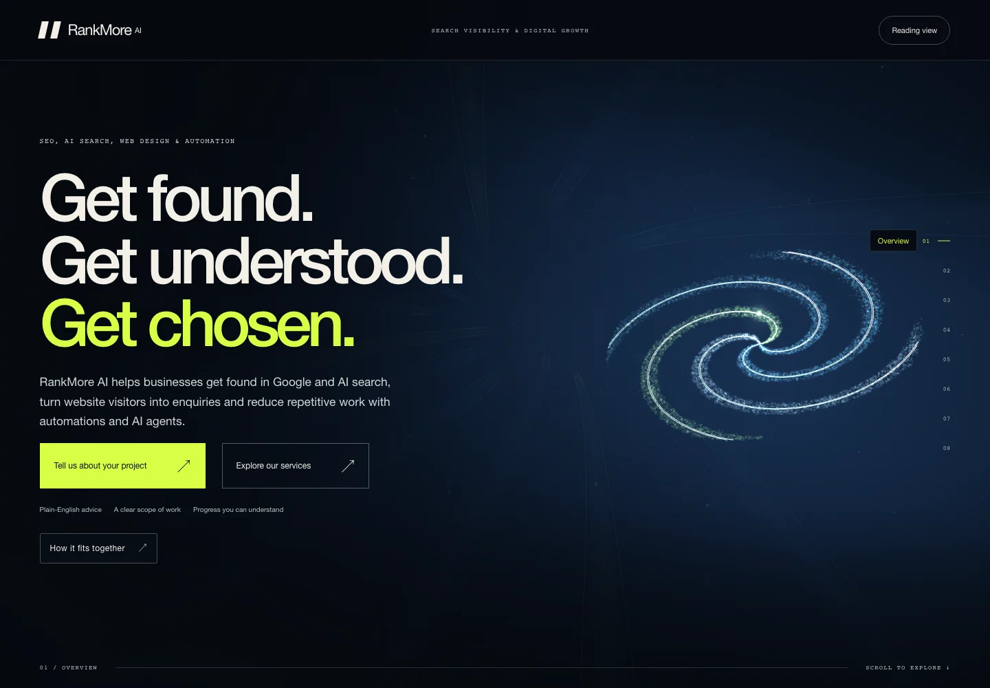 Recorded opening view of the RankMore AI Continuum homepage, with its search-to-action message and spatial scene.