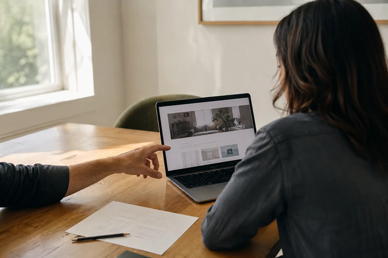 Illustrative scene of a business owner discussing a website with a specialist.
